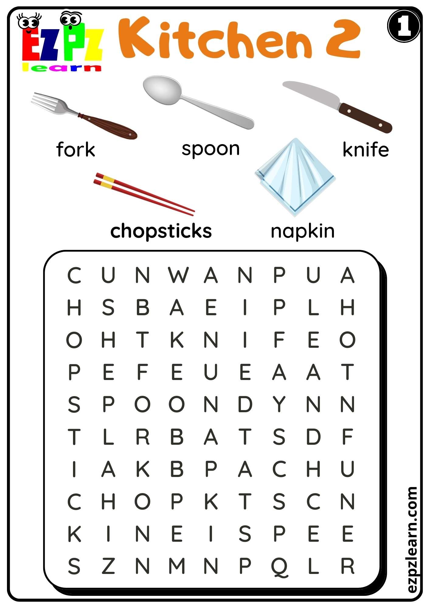 Kitchen Utensils Word Search Worksheet For ESL And Homeschool 
