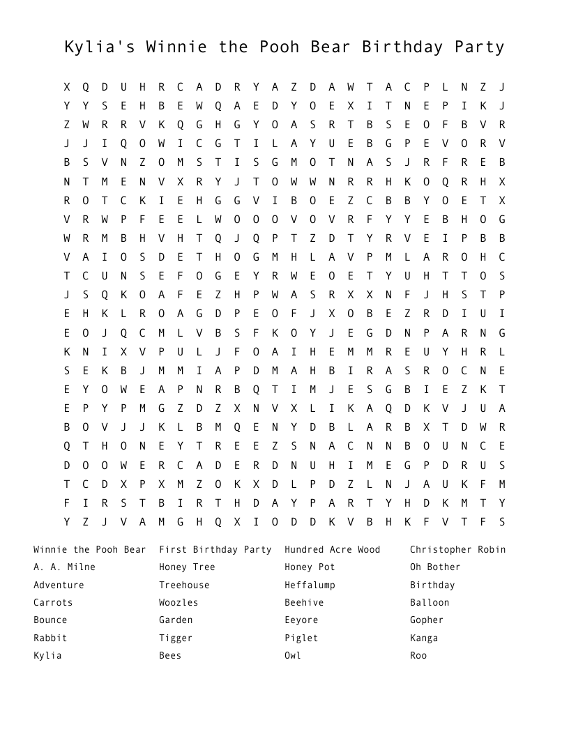 Kylia s Winnie The Pooh Bear Birthday Party Word Search WordMint