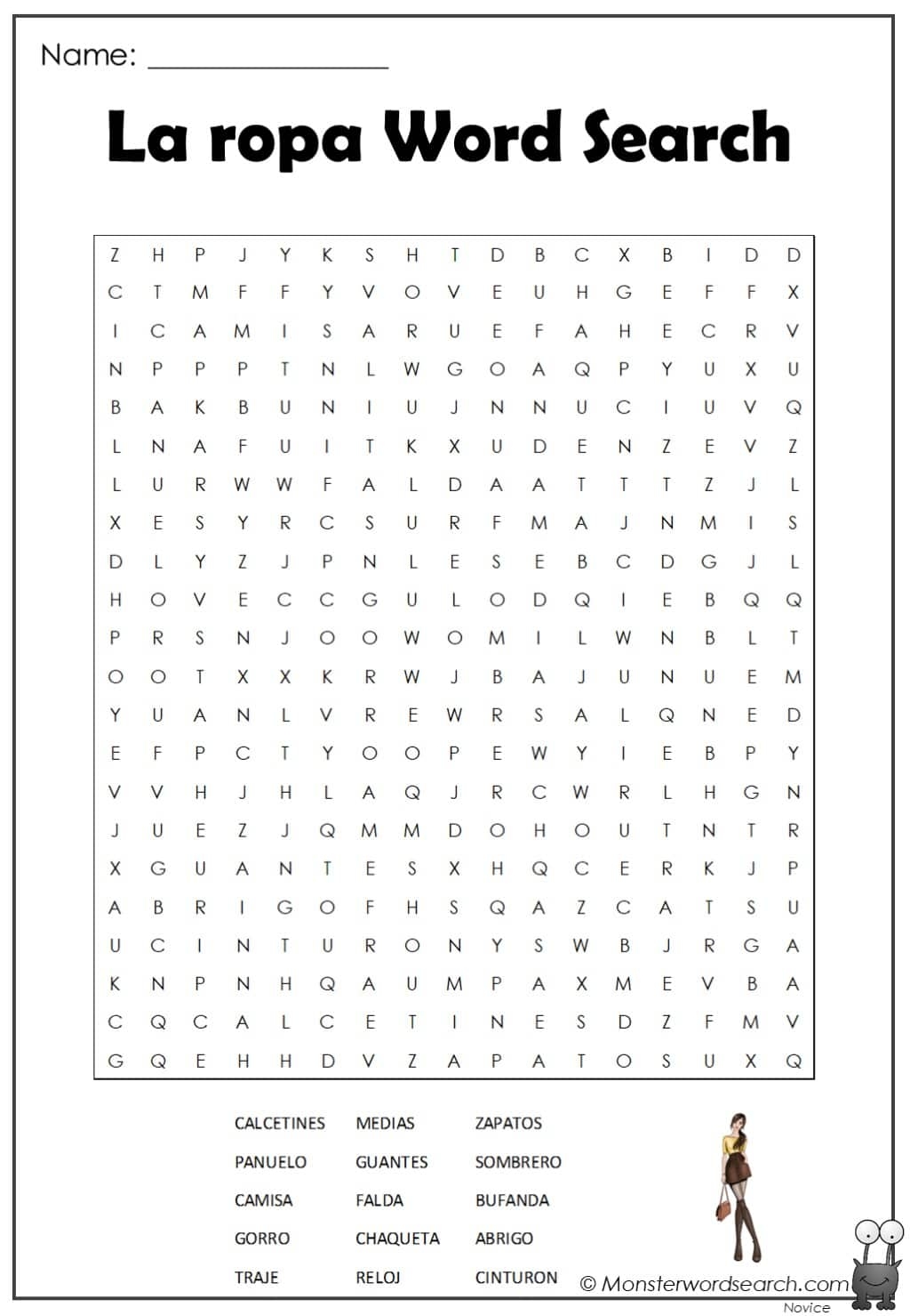 La Ropa Word Search Monster Word Search