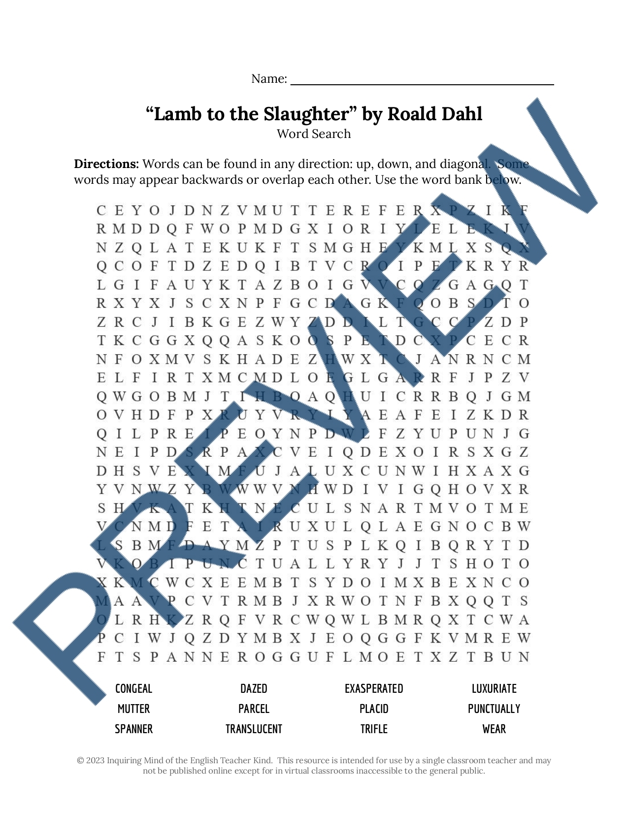 Lamb To The Slaughter By Roald Dahl Vocabulary Games And Activities Classful