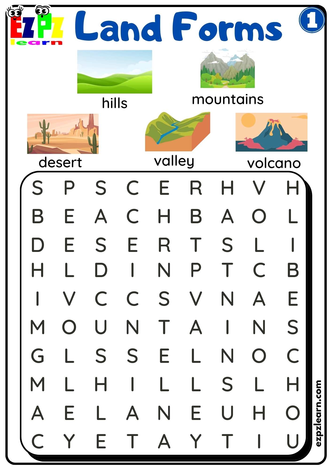 Land And Water Forms Word Search Activity Free PDF Download Set 1 Ezpzlearn