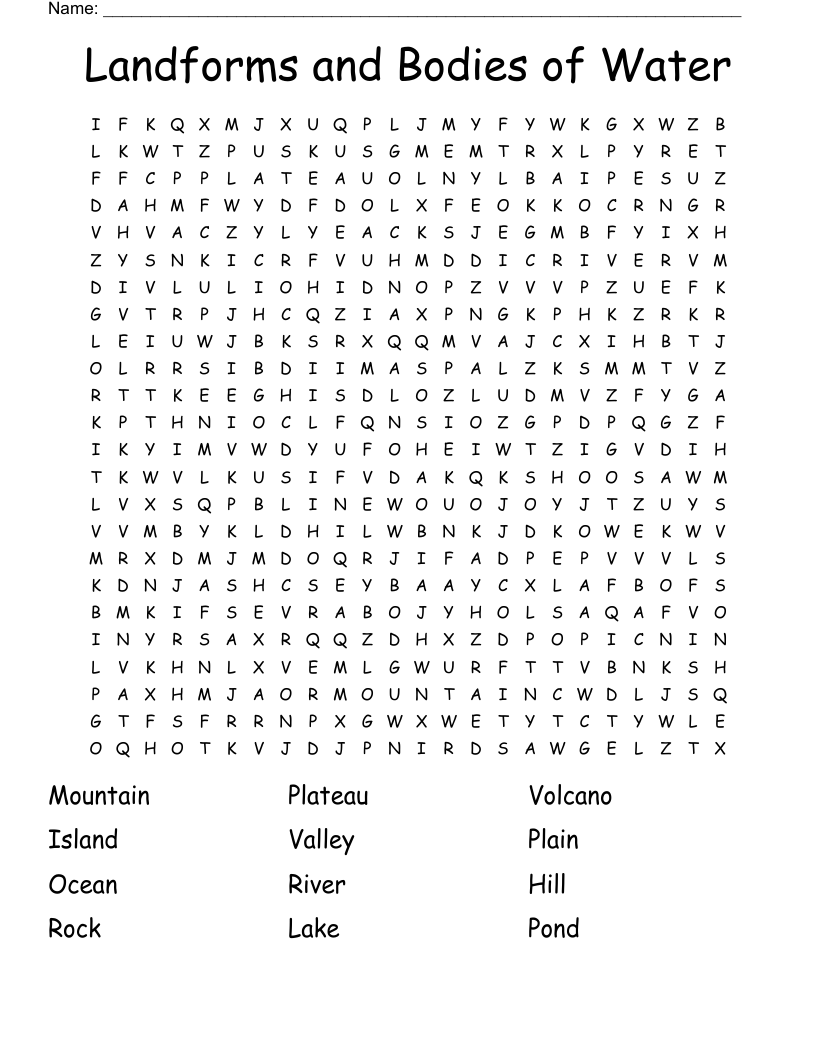Landforms And Bodies Of Water Word Search WordMint Landforms And Bodies Of Water Word Search WordMint
