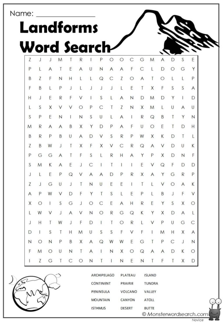 Landforms Word Search Monster Word Search