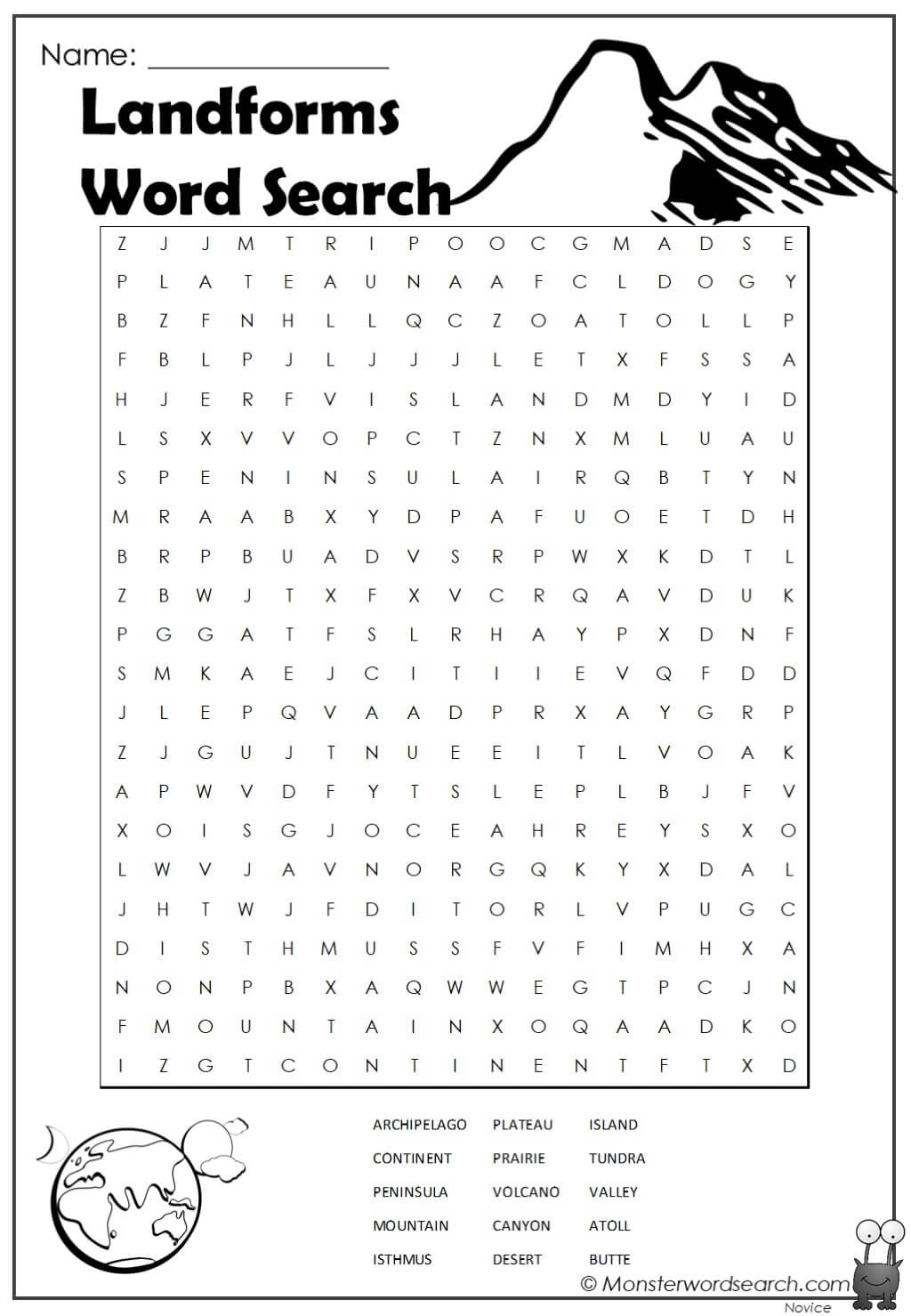 Landforms Word Search Monster Word Search