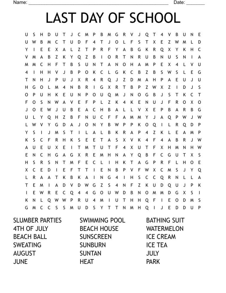 LAST DAY OF SCHOOL Word Search WordMint