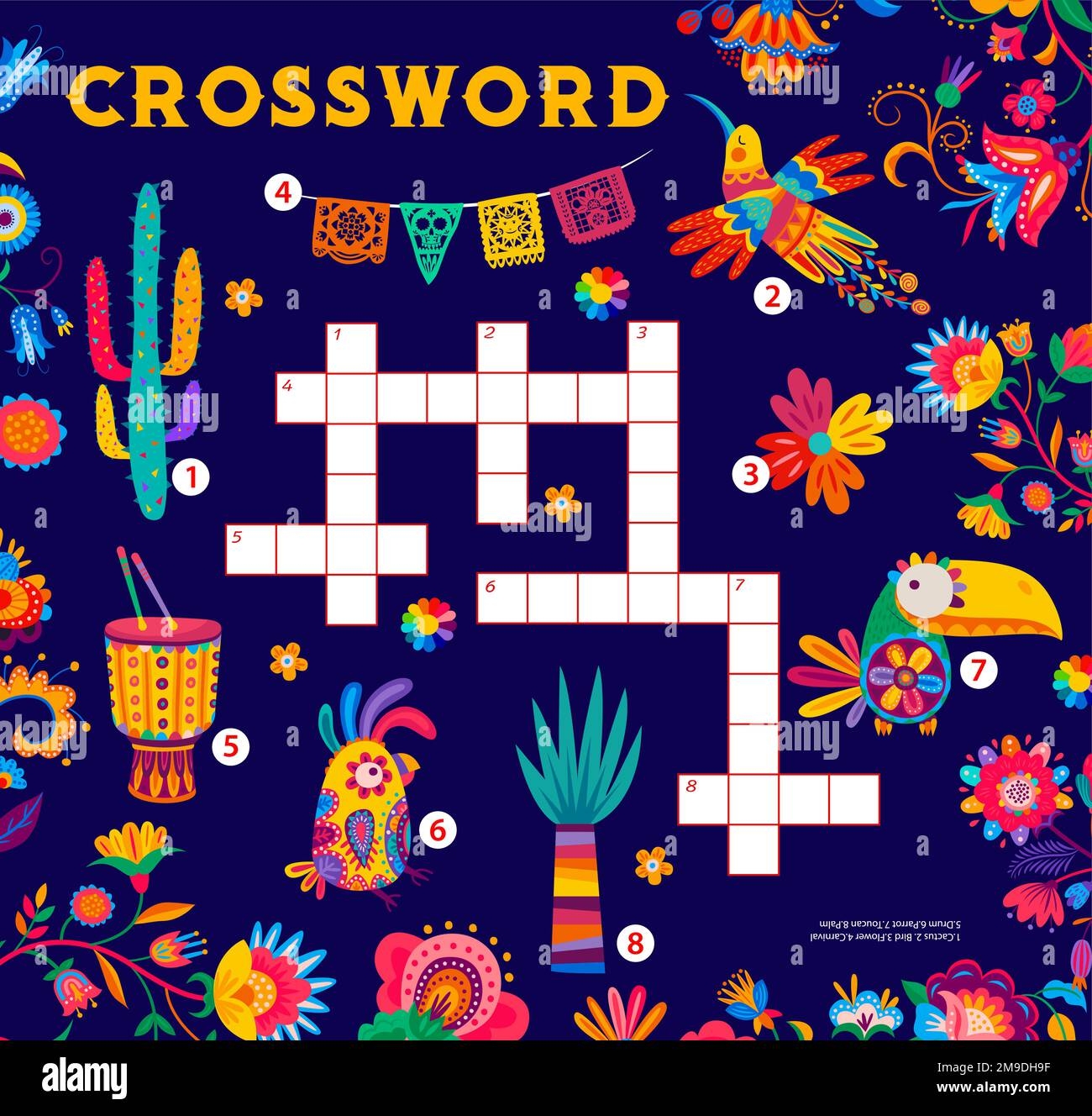 Latin American Crossword Quiz Word Search Puzzle Crossword Grid Vector Puzzle Worksheet Or Vocabulary Game With Mexican Colorful Toucan Parrot And Hummingbird Birds Ornate Flowers And Drum Stock Vector Image U0026 Art 