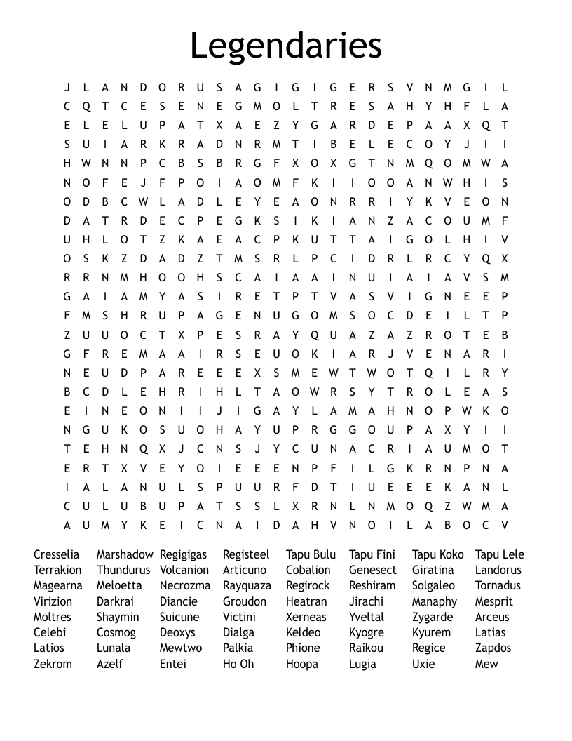 Legendary Pokemon Word Search WordMint