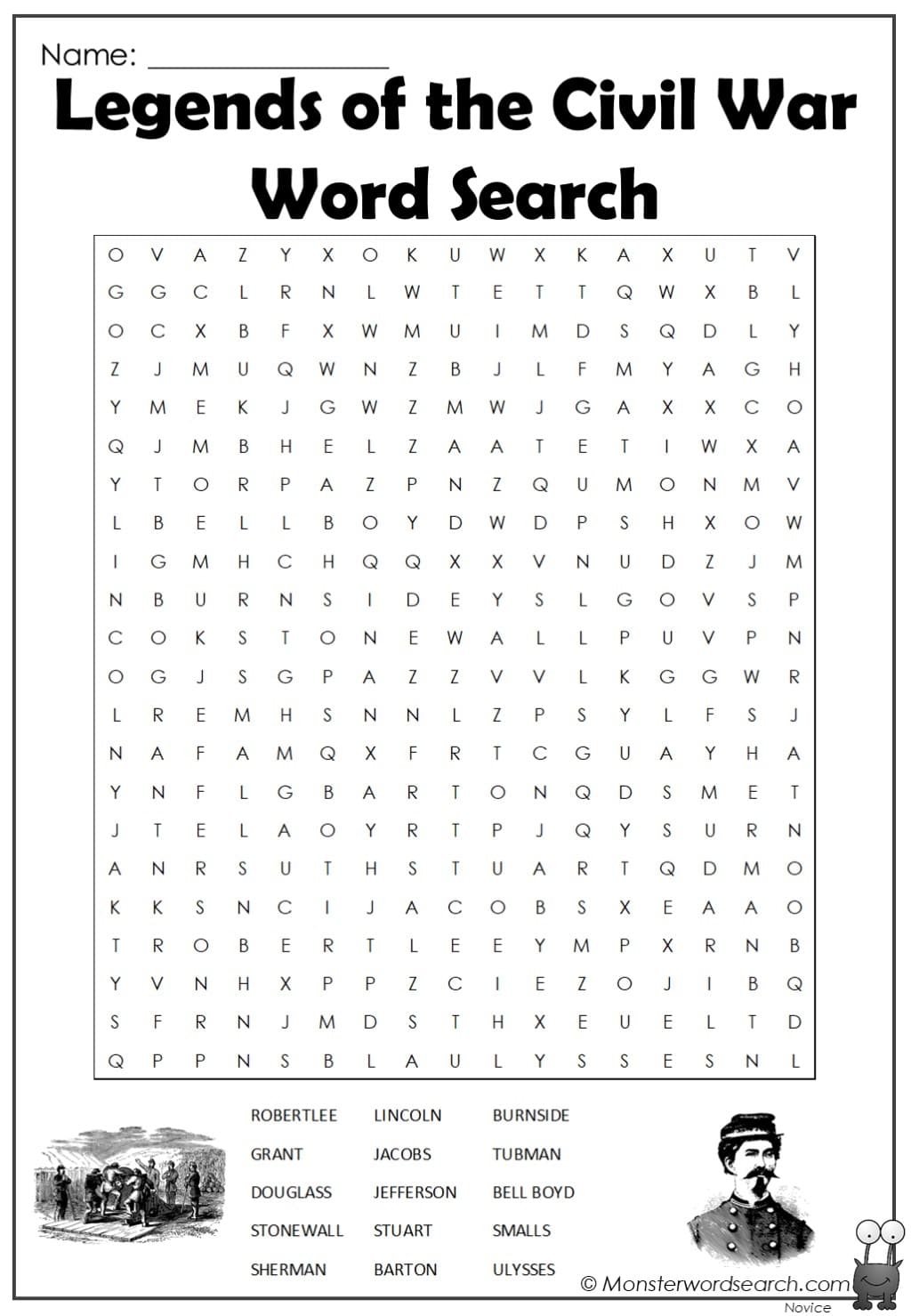 Legends Of The Civil War Word Search Monster Word Search
