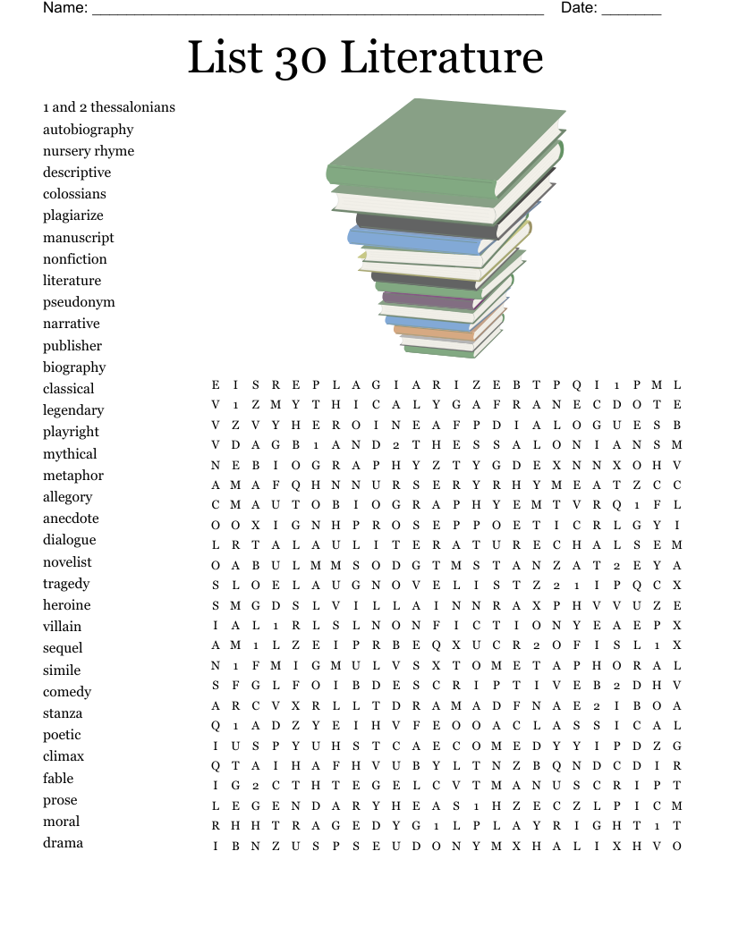 List 30 Literature Word Search WordMint