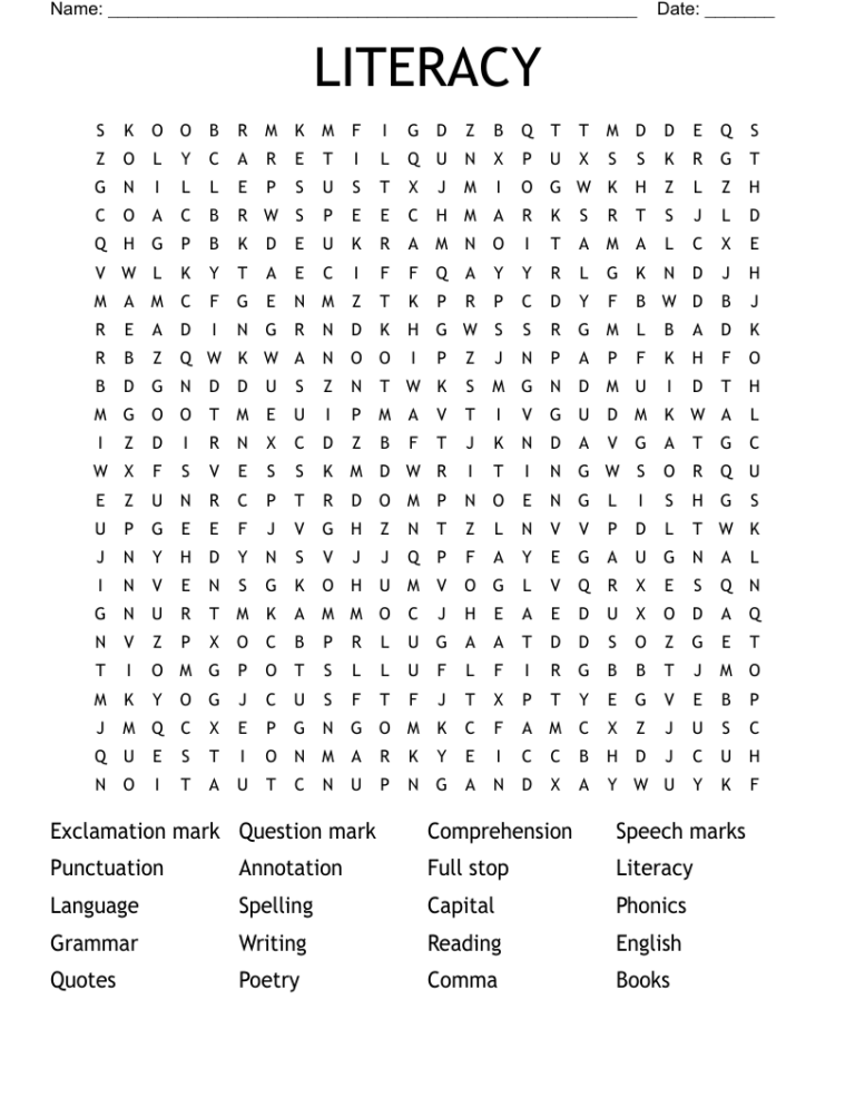 LITERACY Word Search WordMint