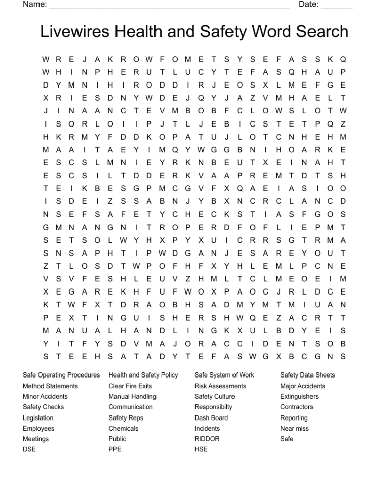 Livewires Health And Safety Word Search WordMint