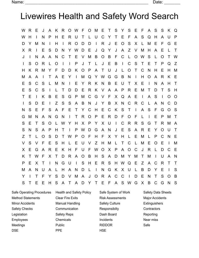 Livewires Health And Safety Word Search WordMint
