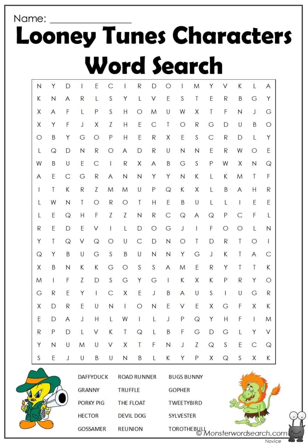 Looney Tunes Characters Word Search Monster Word Search