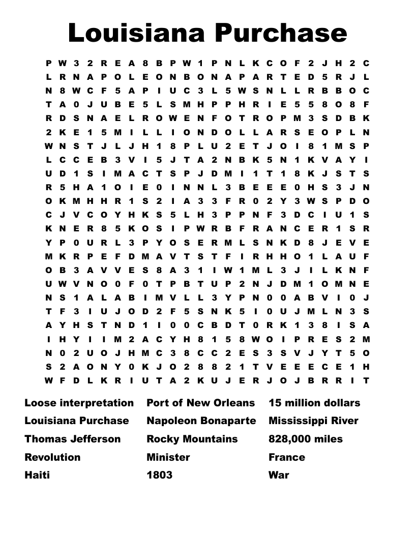 Louisiana Purchase Word Search WordMint
