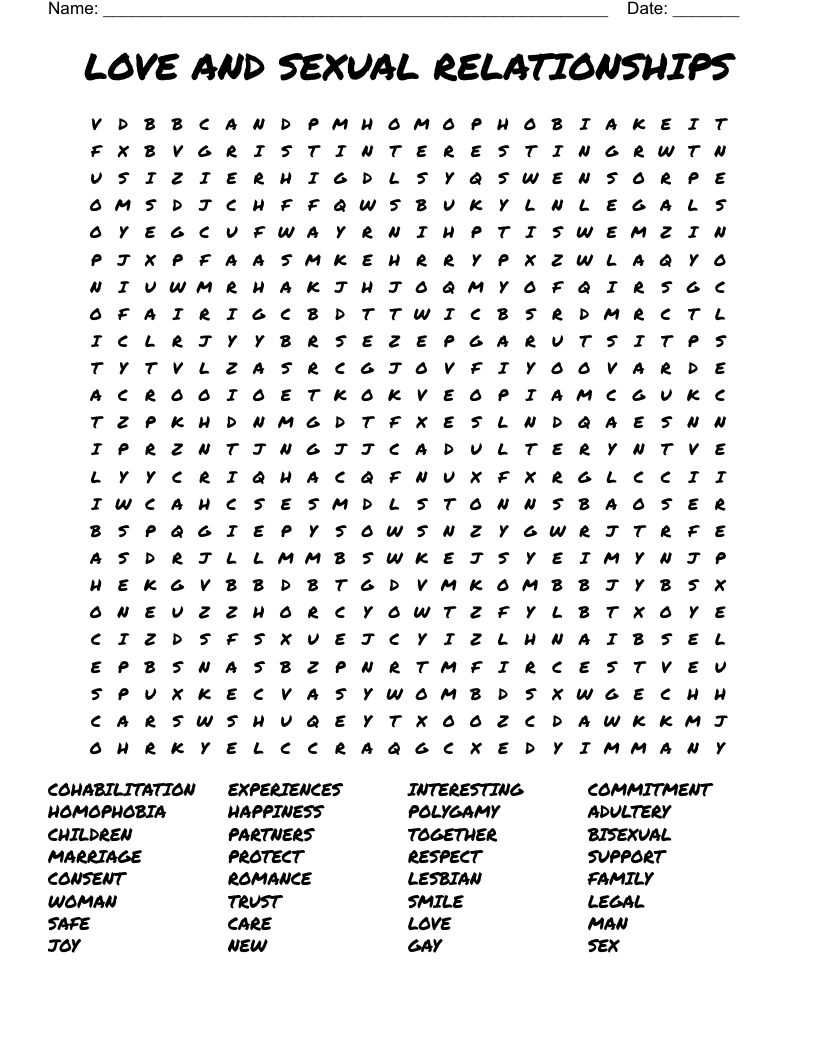 LOVE AND SEXUAL RELATIONSHIPS Word Search WordMint