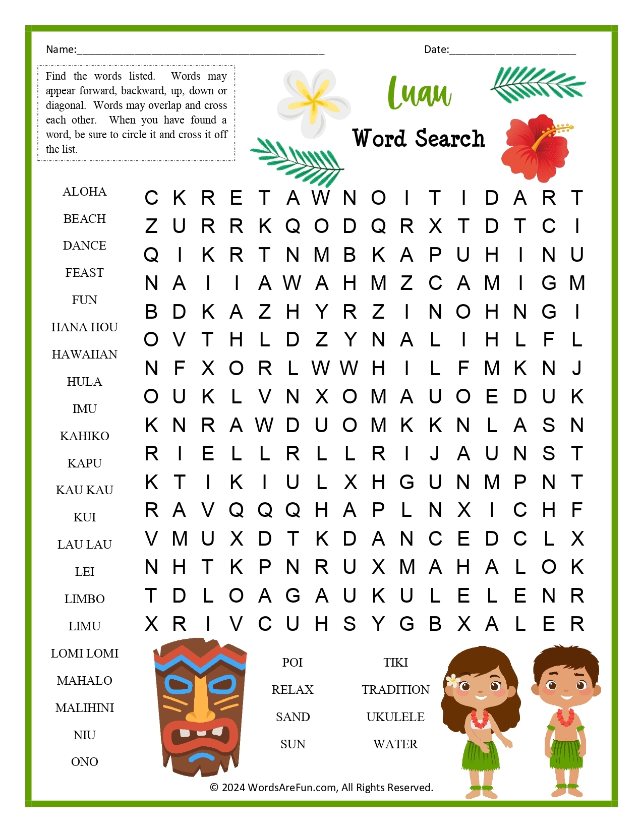 Luau Word Search For Kids