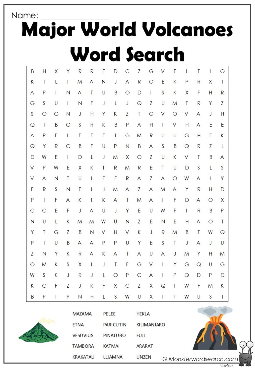 Major World Volcanoes Word Search Monster Word Search