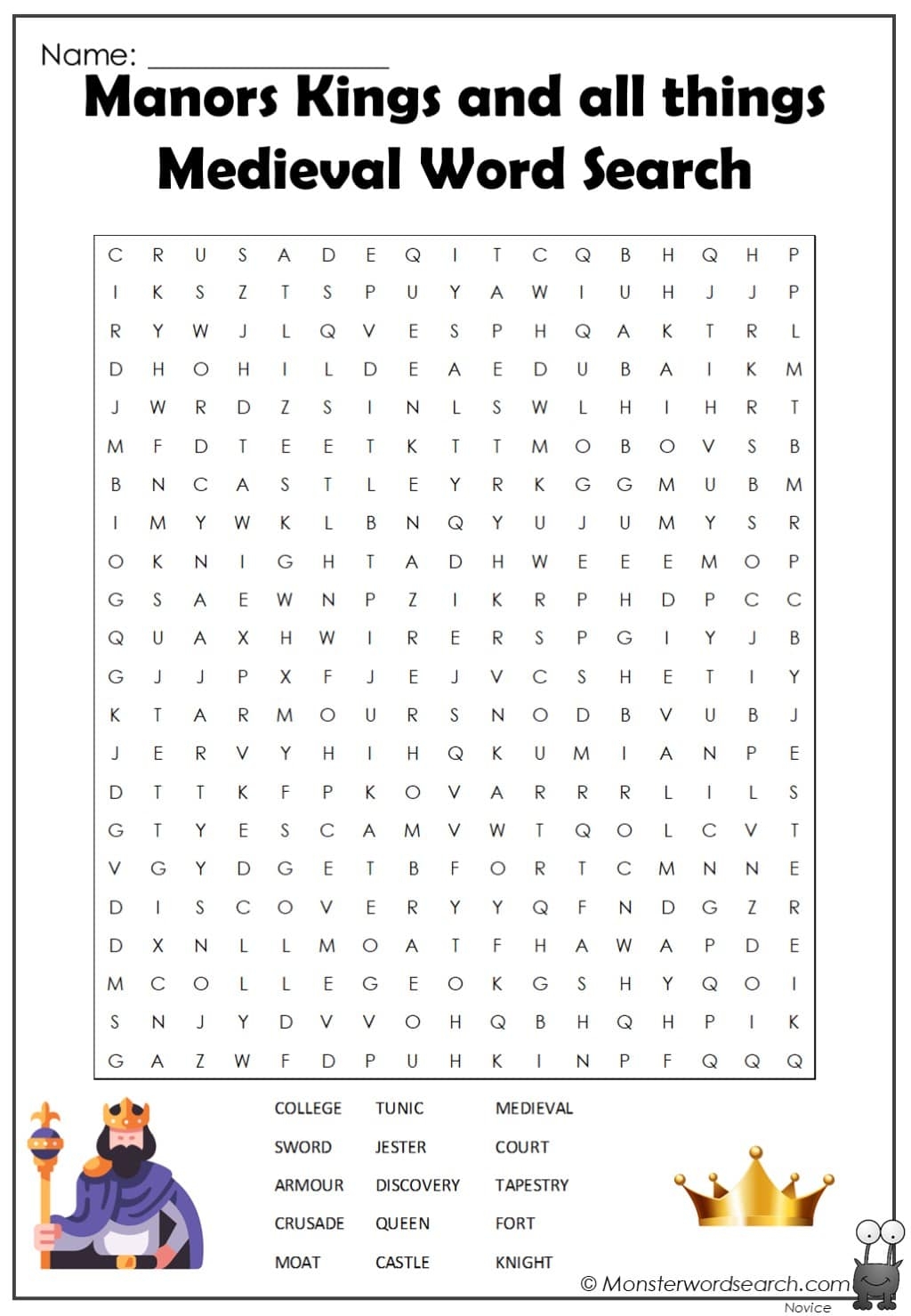 Manors Kings And All Things Medieval Word Search Monster Word Search