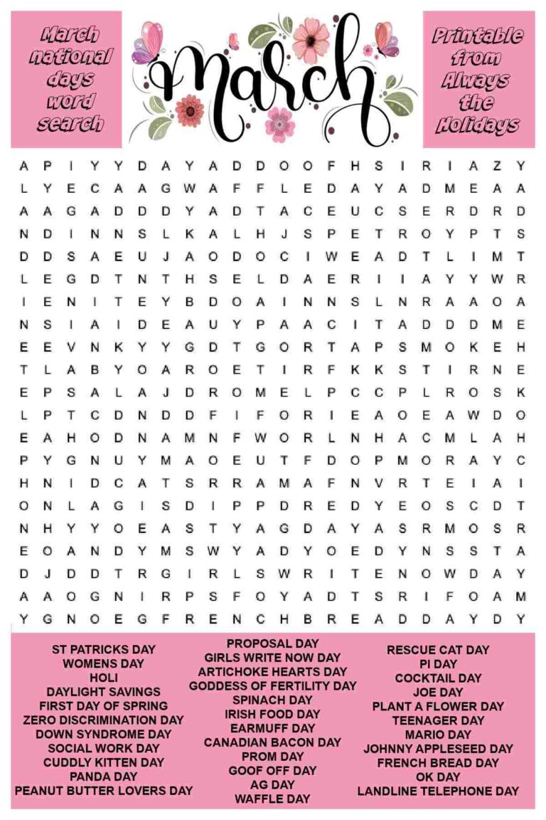 March Word Search Printable National Days Word Find Puzzles