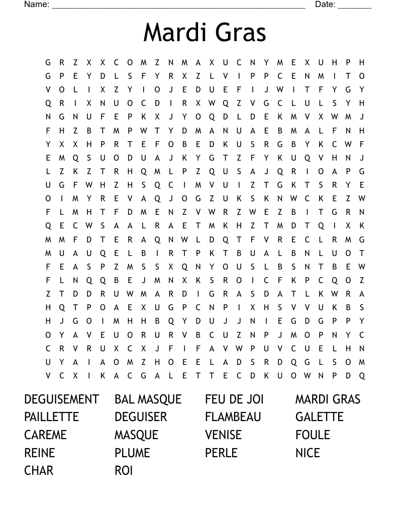 Mardi Gras Word Search WordMint