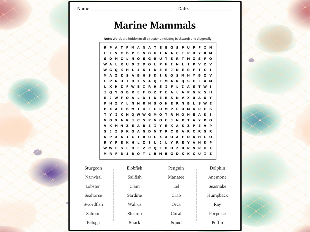 Marine Mammals Word Search Puzzle Worksheet Activity Teaching Resources