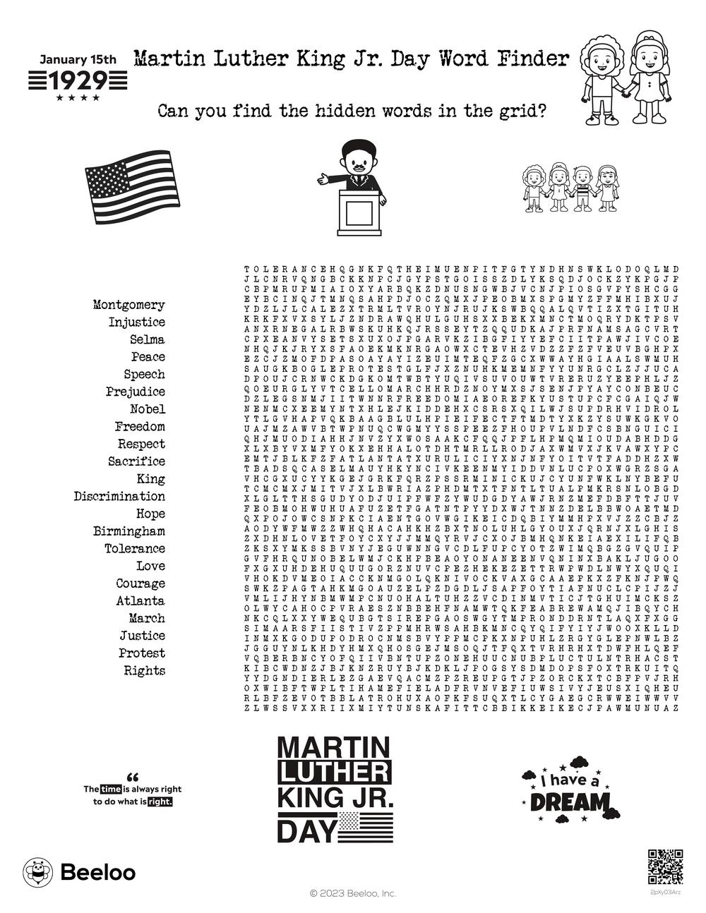Martin Luther King Jr Day themed Word Searches Beeloo Printable Crafts And Activities For Kids