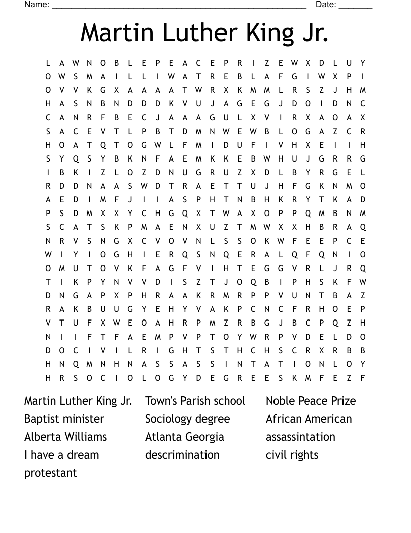 Martin Luther King Jr Word Search WordMint