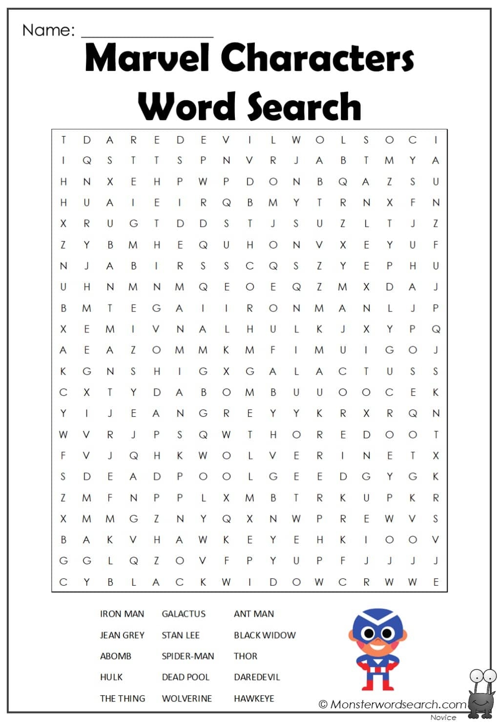 Marvel Characters Word Search Monster Word Search