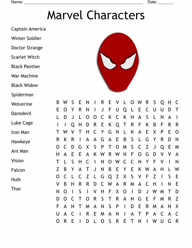 Marvel Characters Word Search WordMint