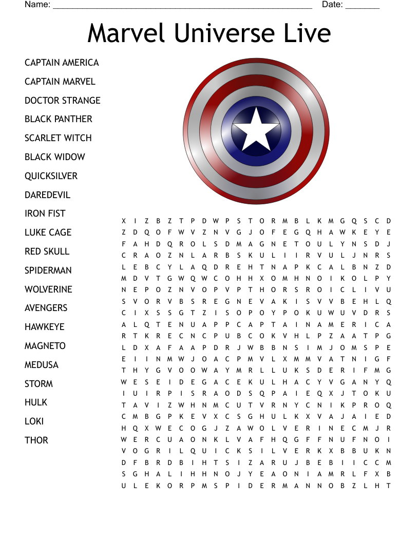 Marvel Characters Word Search WordMint
