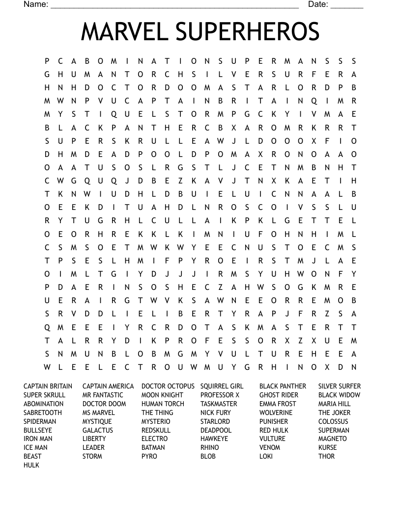 MARVEL SUPERHEROS Word Search WordMint MARVEL SUPERHEROS Word Search WordMint