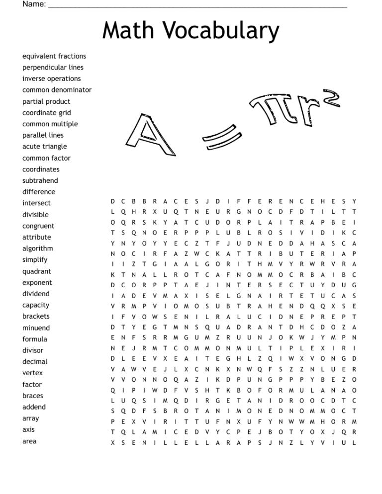 Math Vocabulary Word Search WordMint