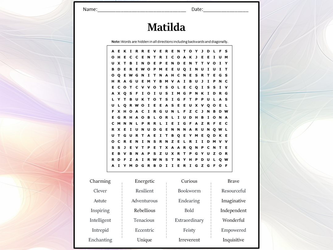 Matilda Word Search Puzzle Worksheet Activity Teaching Resources