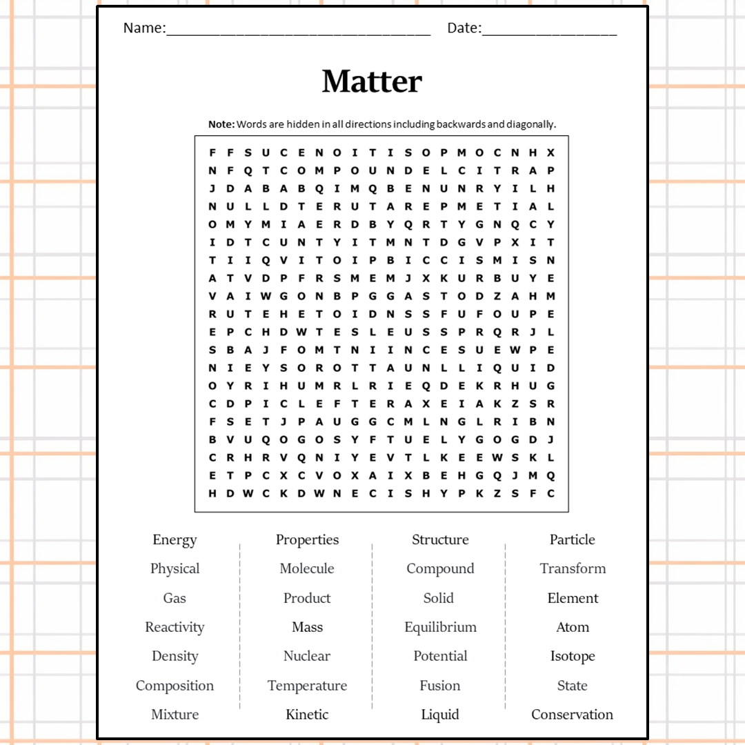 Word Search Types Of Matter Printables Word Search Types Of Matter Printables
