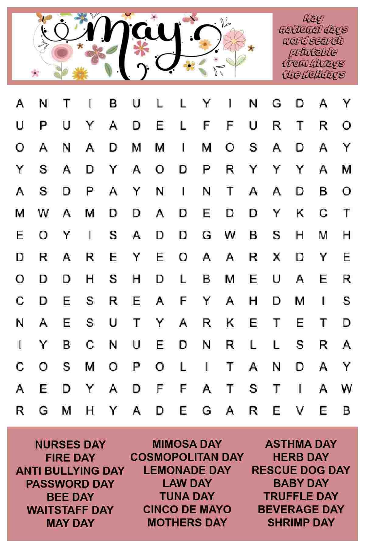 May Word Search Printable National Days Word Find Puzzle