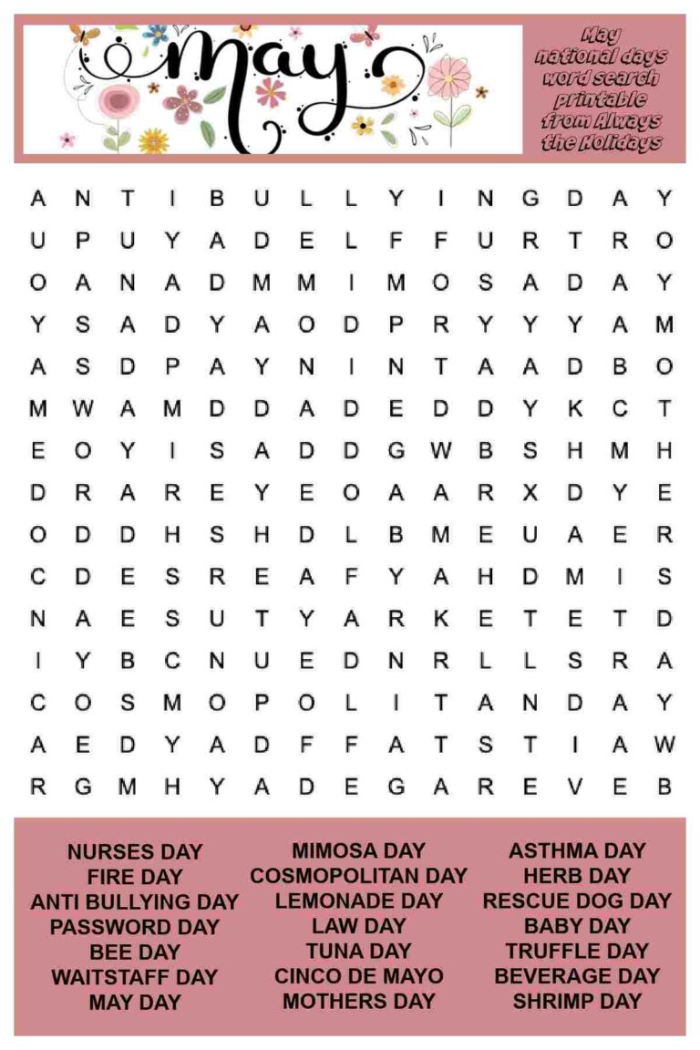May Word Search Printable National Days Word Find Puzzle