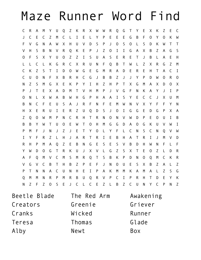 Maze Runner Word Find Word Search WordMint
