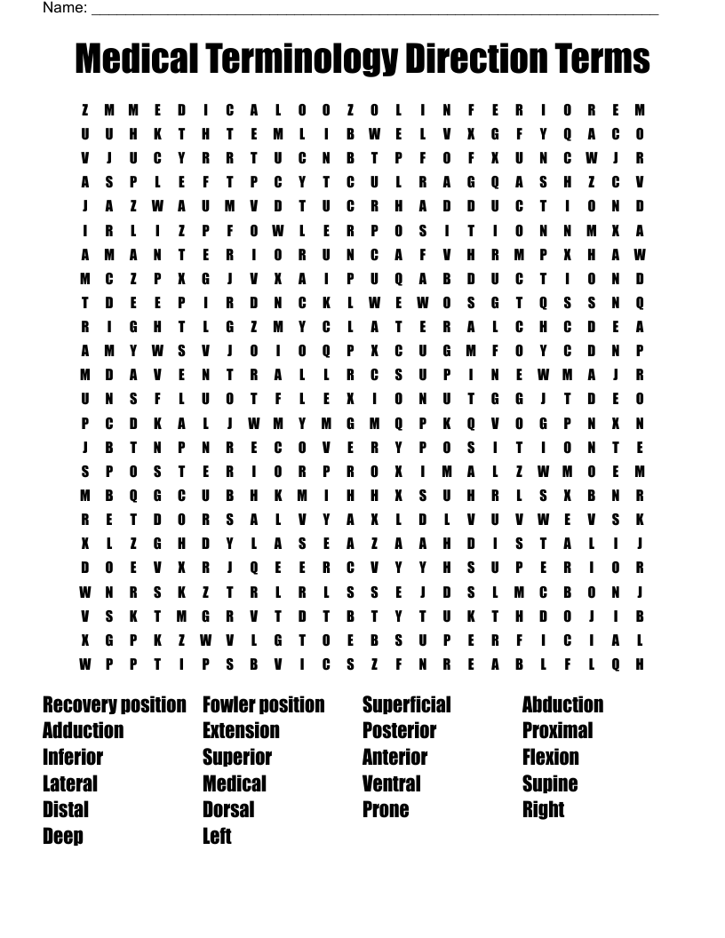 Medical Terminology Direction Terms Word Search WordMint