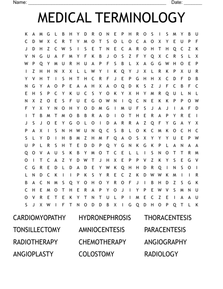 MEDICAL TERMINOLOGY Word Search WordMint