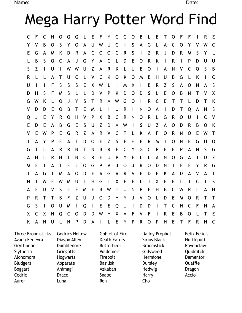 Mega Harry Potter Word Find Word Search WordMint
