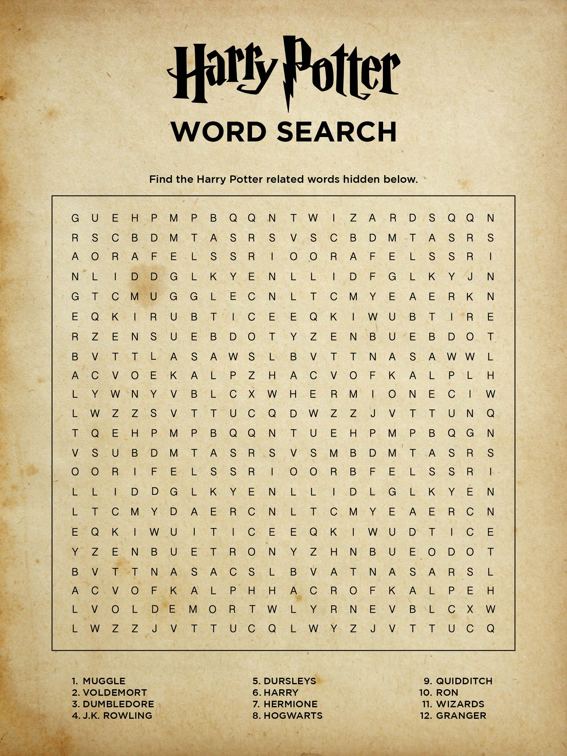 Hard Harry Potter Word Search Printables