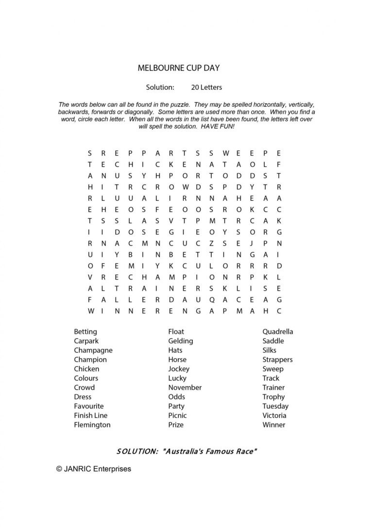 Melbourne Cup Word Find Puzzle