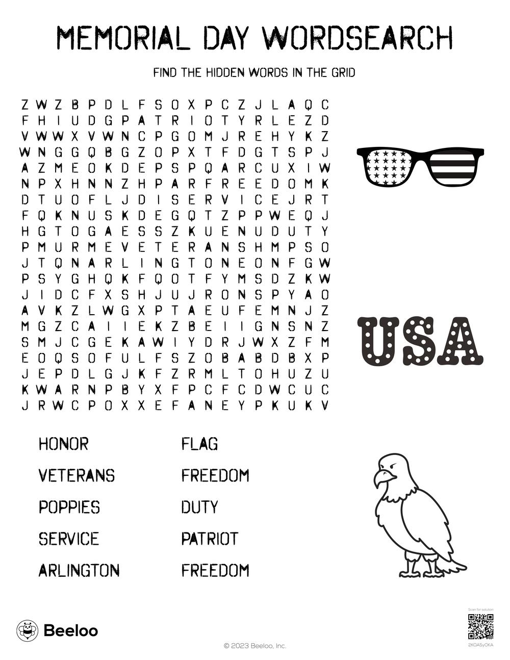 Memorial Day themed Word Searches Beeloo Printable Crafts And 