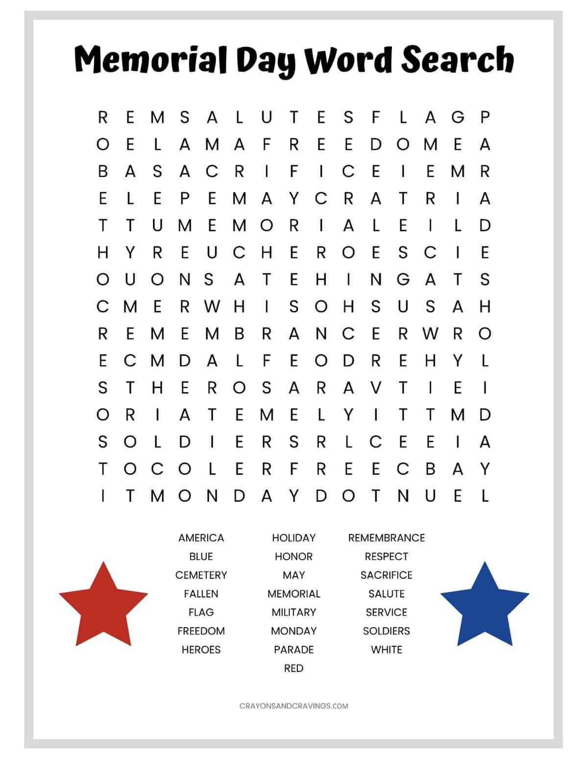 Memorial Day Word Search FREE Printable Worksheet Worksheets Library