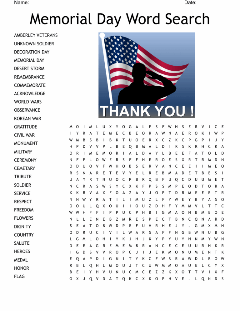 Memorial Day Word Search WordMint
