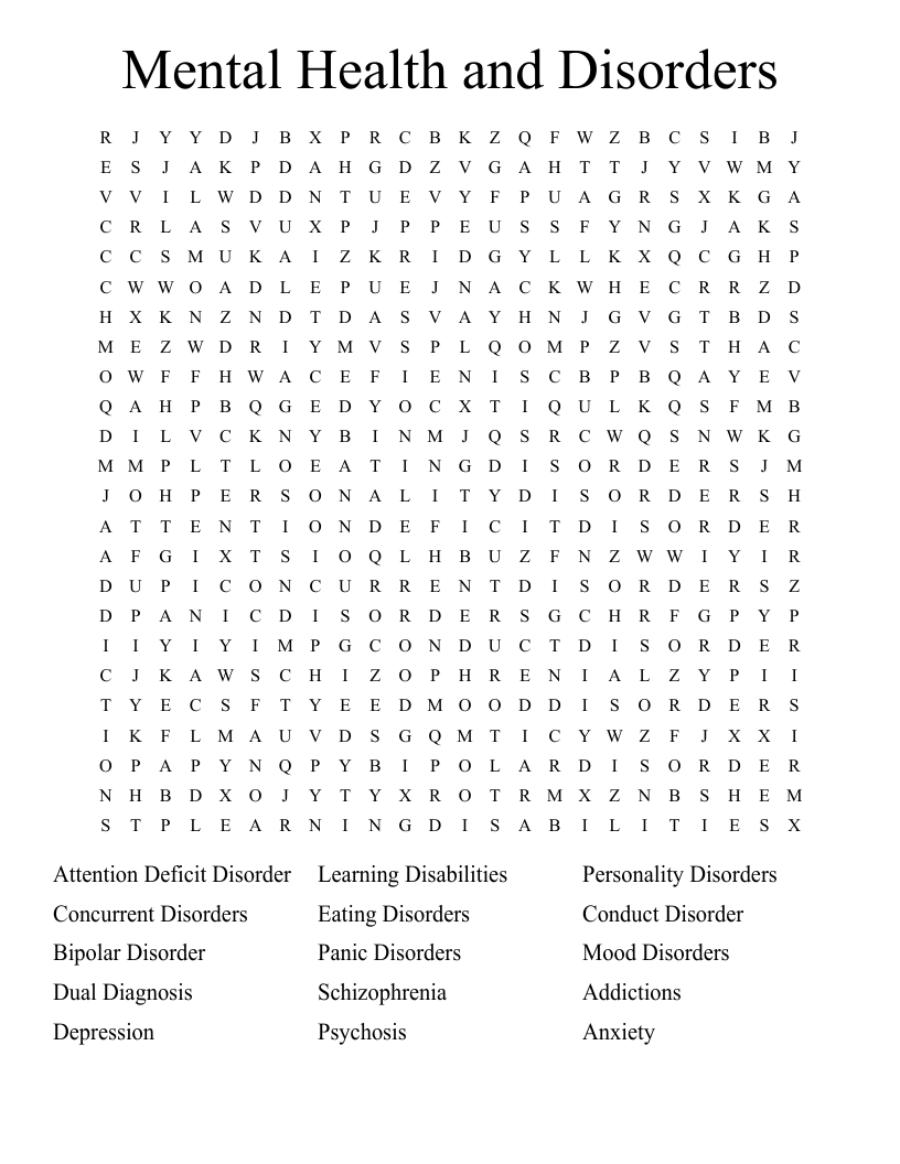 Mental Health And Disorders Word Search WordMint