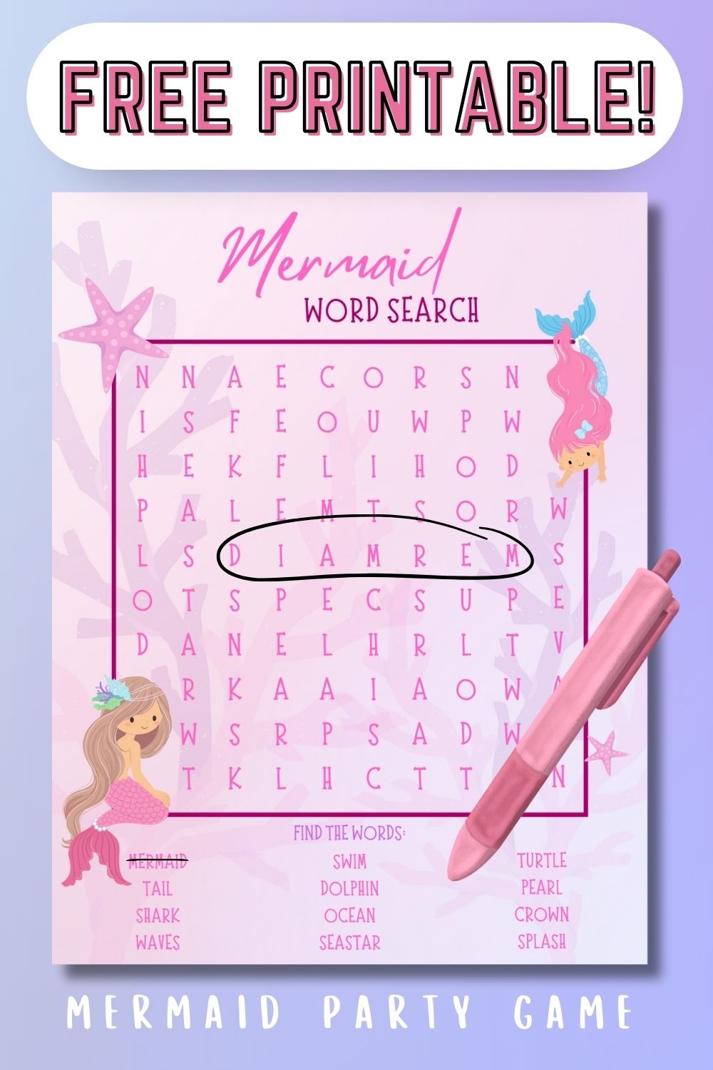 Mermaid Word Search FREE Download Printable Party Activity Mermaid Jules