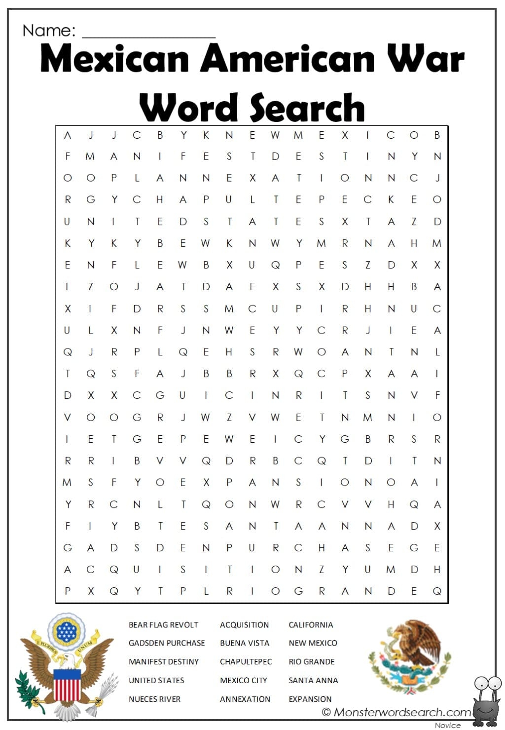 Mexican American War Word Search Monster Word Search