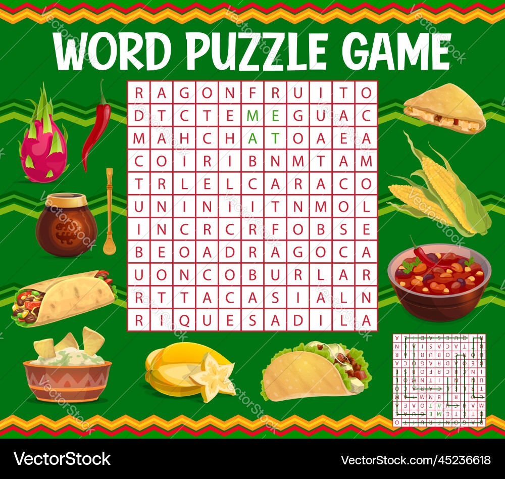 Mexican Food Word Search Puzzle Game Worksheet Vector Image