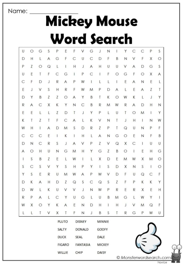 Mickey Mouse Word Search Monster Word Search